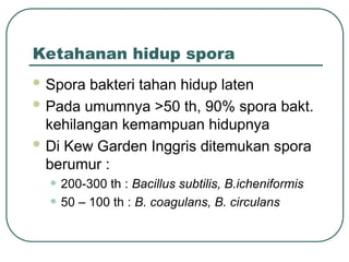 Ketahanan hidup spora
 Spora bakteri tahan hidup laten
 Pada umumnya >50 th, 90% spora bakt.
kehilangan kemampuan hidupnya
 Di Kew Garden Inggris ditemukan spora
berumur :
• 200-300 th : Bacillus subtilis, B.icheniformis
• 50 – 100 th : B. coagulans, B. circulans
 