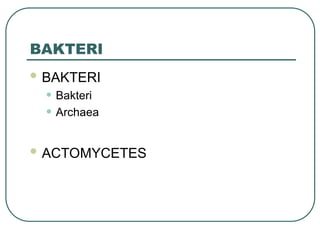 BAKTERI
 BAKTERI
• Bakteri
• Archaea
 ACTOMYCETES
 
