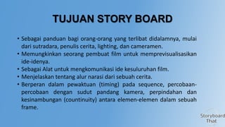 TUJUAN STORY BOARD
• Sebagai panduan bagi orang-orang yang terlibat didalamnya, mulai
dari sutradara, penulis cerita, lighting, dan cameramen.
• Memungkinkan seorang pembuat film untuk memprevisualisasikan
ide-idenya.
• Sebagai Alat untuk mengkomunikasi ide kesuluruhan film.
• Menjelaskan tentang alur narasi dari sebuah cerita.
• Berperan dalam pewaktuan (timing) pada sequence, percobaanpercobaan dengan sudut pandang kamera, perpindahan dan
kesinambungan (countinuity) antara elemen-elemen dalam sebuah
frame.

 