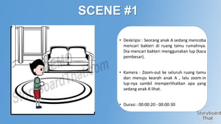 SCENE #1
• Deskripsi : Seorang anak A sedang mencoba
mencari bakteri di ruang tamu rumahnya.
Dia mencari bakteri menggunakan lup (kaca
pembesar).
• Kamera : Zoom-out ke seluruh ruang tamu
dan menuju kearah anak A , lalu zoom-in
lup-nya sambil memperlihatkan apa yang
sedang anak A lihat.

• Durasi : 00:00:20 - 00:00:30

 