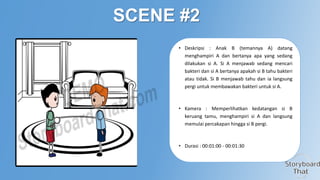 SCENE #2
• Deskripsi : Anak B (temannya A) datang
menghampiri A dan bertanya apa yang sedang
dilakukan si A. Si A menjawab sedang mencari
bakteri dan si A bertanya apakah si B tahu bakteri
atau tidak. Si B menjawab tahu dan ia langsung
pergi untuk membawakan bakteri untuk si A.

• Kamera : Memperlihatkan kedatangan si B
keruang tamu, menghampiri si A dan langsung
memulai percakapan hingga si B pergi.

• Durasi : 00:01:00 - 00:01:30

 