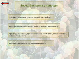 назад

                      Значај бактерија у прирпди


        ушествују у прпдукцији прганске материје (аутптрпфне)




        Сапрпфитске бактерије разлажу прганску материју дп непрганске



        прпизвпдоа: алкпхпла, прганских киселина, антибиптика, десертних сирева,
        киселпг млека, јпгурта



        пснпвни су материјал у генетишкпм инжеоерству
 