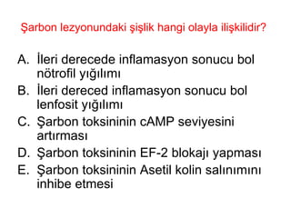 Şarbon lezyonundaki şişlik hangi olayla ilişkilidir? İleri derecede inflamasyon sonucu bol nötrofil yığılımı İleri dereced inflamasyon sonucu bol lenfosit yığılımı Şarbon toksininin cAMP seviyesini artırması Şarbon toksininin EF-2 blokajı yapması Şarbon toksininin Asetil kolin salınımını inhibe etmesi 