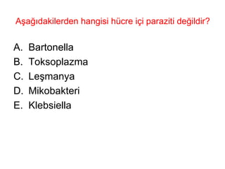 Aşağıdakilerden hangisi hücre içi paraziti değildir? Bartonella Toksoplazma Leşmanya Mikobakteri Klebsiella 