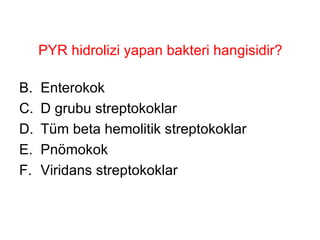 PYR hidrolizi yapan bakteri hangisidir? Enterokok D grubu streptokoklar Tüm beta hemolitik streptokoklar Pnömokok Viridans streptokoklar 