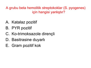 A grubu beta hemolitik streptokoklar (S. pyogenes) için hangisi yanlıştır? Katalaz pozitif PYR pozitif Ko-trimoksazole dirençli Basitrasine duyarlı Gram pozitif kok 