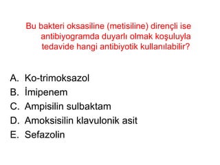 Bu bakteri oksasiline (metisiline) dirençli ise antibiyogramda duyarlı olmak koşuluyla tedavide hangi antibiyotik kullanılabilir? Ko-trimoksazol İmipenem Ampisilin sulbaktam Amoksisilin klavulonik asit Sefazolin 