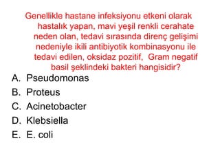 Genellikle hastane infeksiyonu etkeni olarak hastalık yapan, mavi yeşil renkli cerahate neden olan, tedavi sırasında direnç gelişimi nedeniyle ikili antibiyotik kombinasyonu ile tedavi edilen, oksidaz pozitif,  Gram negatif basil şeklindeki bakteri hangisidir? Pseudomonas Proteus Acinetobacter Klebsiella E. coli 