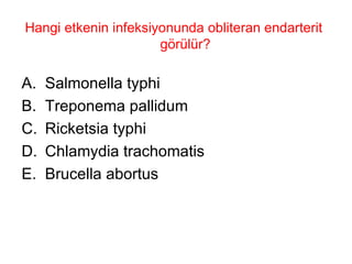 Hangi etkenin infeksiyonunda obliteran endarterit görülür? Salmonella typhi Treponema pallidum Ricketsia typhi Chlamydia trachomatis Brucella abortus 
