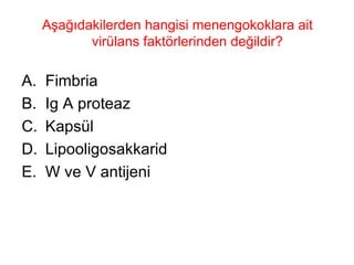 Aşağıdakilerden hangisi menengokoklara ait virülans faktörlerinden değildir?  Fimbria Ig A proteaz Kapsül Lipooligosakkarid W ve V antijeni 
