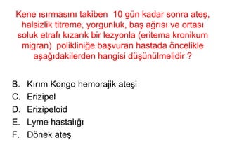 Kene ısırmasını takiben  10 gün kadar sonra ateş, halsizlik titreme, yorgunluk, baş ağrısı ve ortası soluk etrafı kızarık bir lezyonla (eritema kronikum migran)  polikliniğe başvuran hastada öncelikle aşağıdakilerden hangisi düşünülmelidir ? Kırım Kongo hemorajik ateşi Erizipel Erizipeloid Lyme hastalığı Dönek ateş 