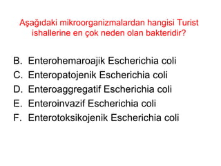 Aşağıdaki mikroorganizmalardan hangisi Turist ishallerine en çok neden olan bakteridir? Enterohemaroajik Escherichia coli Enteropatojenik Escherichia coli Enteroaggregatif Escherichia coli Enteroinvazif Escherichia coli Enterotoksikojenik Escherichia coli 