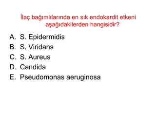 İlaç bağımlılarında en sık endokardit etkeni aşağıdakilerden hangisidir?  S. Epidermidis S. Viridans S. Aureus Candida Pseudomonas aeruginosa 