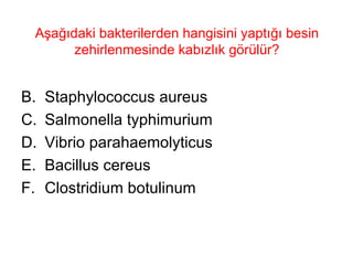 Aşağıdaki bakterilerden hangisini yaptığı besin zehirlenmesinde kabızlık görülür? Staphylococcus aureus Salmonella typhimurium Vibrio parahaemolyticus Bacillus cereus Clostridium botulinum 