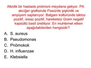 Alkolik bir hastada pnömoni meydana geliyor. PA akciğer grafisinde Fissürde şişkinlik ve ampiyem saptanıyor. Balgam kültüründe laktoz pozitif, üreaz pozitif, hareketsiz Gram negatif kapsüllü basil üretiliyor. En muhtemel etken aşağıdakilerden hangisidir?  S. aureus Pseudomonas Pnömokok H. influenzae Klebsiella 