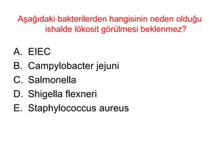 Aşağıdaki bakterilerden hangisinin neden olduğu ishalde lökosit görülmesi beklenmez?  EIEC Campylobacter jejuni Salmonella Shigella flexneri Staphylococcus aureus 