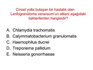 Cinsel yolla bulaşan bir hastalık olan Lenfogranüloma venereum’un etkeni aşağıdaki bakterilerden hangisidir? Chlamydia trachomatis Calymmatobacterium granulomatis Haemophilus ducrei Treponema pallidum Neisseria gonorrhaeae 