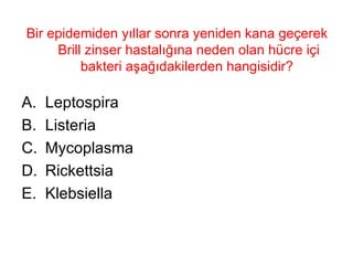 Bir epidemiden yıllar sonra yeniden kana geçerek Brill zinser hastalığına neden olan hücre içi bakteri aşağıdakilerden hangisidir?  Leptospira Listeria Mycoplasma Rickettsia Klebsiella 