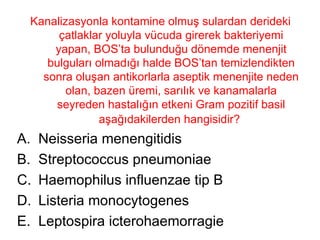 Kanalizasyonla kontamine olmuş sulardan derideki çatlaklar yoluyla vücuda girerek bakteriyemi yapan, BOS’ta bulunduğu dönemde menenjit bulguları olmadığı halde BOS’tan temizlendikten sonra oluşan antikorlarla aseptik menenjite neden olan, bazen üremi, sarılık ve kanamalarla seyreden hastalığın etkeni Gram pozitif basil aşağıdakilerden hangisidir?   Neisseria menengitidis Streptococcus pneumoniae Haemophilus influenzae tip B Listeria monocytogenes Leptospira icterohaemorragie 