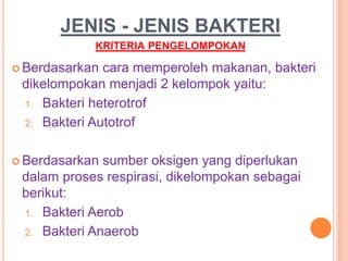 JENIS - JENIS BAKTERI
KRITERIA PENGELOMPOKAN
 Berdasarkan cara memperoleh makanan, bakteri
dikelompokan menjadi 2 kelompok yaitu:
1. Bakteri heterotrof
2. Bakteri Autotrof
 Berdasarkan sumber oksigen yang diperlukan
dalam proses respirasi, dikelompokan sebagai
berikut:
1. Bakteri Aerob
2. Bakteri Anaerob
 