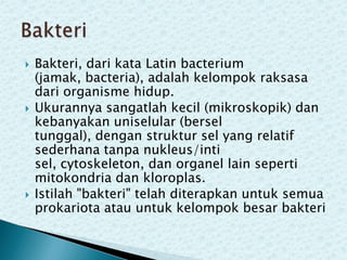 





Bakteri, dari kata Latin bacterium
(jamak, bacteria), adalah kelompok raksasa
dari organisme hidup.
Ukurannya sangatlah kecil (mikroskopik) dan
kebanyakan uniselular (bersel
tunggal), dengan struktur sel yang relatif
sederhana tanpa nukleus/inti
sel, cytoskeleton, dan organel lain seperti
mitokondria dan kloroplas.
Istilah "bakteri" telah diterapkan untuk semua
prokariota atau untuk kelompok besar bakteri

 