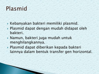 






Kebanyakan bakteri memiliki plasmid.
Plasmid dapat dengan mudah didapat oleh
bakteri.
Namun, bakteri juga mudah untuk
menghilangkannya.
Plasmid dapat diberikan kepada bakteri
lainnya dalam bentuk transfer gen horizontal.

 