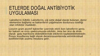 ETLERDE DOĞAL ANTİBİYOTİK
UYGULAMASI
Laktoferrin (GRAS): Laktoferrin, çiğ sütte doğal olarak bulunan, demir
elementini bağlama ve bakterilerin çoğalmasını durdurucu özelliği
olan inhibitör maddedir.
Lizozim gram pozitif bakteriler üzerinde etkili iken laktoferrin geniş
bir bakteri ve virüs spektrumunda etkilidir. Ama her ikisi de direk
olarak gıda matriksine eklendiklerinde etkilerini kaybedebilmektedir.
Proses koşullarına bağlı olarak denatürasyonlarında antimikrobiyal
özelliklerinde azalma meydana gelir.
10
 