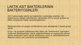 LAKTIK ASIT BAKTERILERININ
BAKTERIYOSINLERI
2015 yılına kadar laktik asit bakterileri tarafından üretilen 185
bakteriyosin olduğu belirtilmiştir. Bunlardan %53’ü ancak protein ve
DNA seviyelerine kadar tanımlanabilmiştir.
Bakteriyosinler en yaygın sınıflandırma esas alındığında 2 temel gruba
ayrılır.
Grup I: Bu gruptaki bakteriyosinler daha çok “lanthionine” içermeleri
nedeniyle lantibiyotikler olarak adlandırılmakta ve yapılarında bilinen
amino asitlerden farklı olarak lanthionine (Lan) ve methyllanthionine
(MeLan) amino asit türevlerini içermektedirler.
13
 