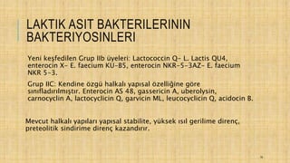 LAKTIK ASIT BAKTERILERININ
BAKTERIYOSINLERI
Yeni keşfedilen Grup IIb üyeleri: Lactococcin Q- L. Lactis QU4,
enterocin X- E. faecium KU-B5, enterocin NKR-5-3AZ- E. faecium
NKR 5-3.
Grup IIC: Kendine özgü halkalı yapısal özelliğine göre
sınıfladırılmıştır. Enterocin AS 48, gassericin A, uberolysin,
carnocyclin A, lactocyclicin Q, garvicin ML, leucocyclicin Q, acidocin B.
Mevcut halkalı yapıları yapısal stabilite, yüksek ısıl gerilime direnç,
preteolitik sindirime direnç kazandırır.
18
 