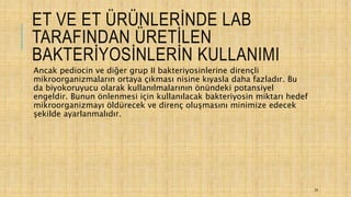 ET VE ET ÜRÜNLERİNDE LAB
TARAFINDAN ÜRETİLEN
BAKTERİYOSİNLERİN KULLANIMI
Ancak pediocin ve diğer grup II bakteriyosinlerine dirençli
mikroorganizmaların ortaya çıkması nisine kıyasla daha fazladır. Bu
da biyokoruyucu olarak kullanılmalarının önündeki potansiyel
engeldir. Bunun önlenmesi için kullanılacak bakteriyosin miktarı hedef
mikroorganizmayı öldürecek ve direnç oluşmasını minimize edecek
şekilde ayarlanmalıdır.
24
 