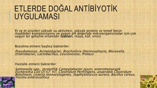 ETLERDE DOĞAL ANTİBİYOTİK
UYGULAMASI
Et ve et ürünleri yüksek su aktivitesi, yüksek protein ve temel besin
maddeleri kompozisyonu ve uygun pH değeriyle mikroorganizmalar için çok
uygun bir gelişme ortamıdır (bakteri, maya, küf, virüs)
Bozulma etmeni başlıca bakteriler:
Pseudomonas, Acinetobacter, Brochothrix thermosphacta, Moraxella,
Enterobacter, Lactobacillus, Leuconostoc, Proteus
Hastalık etmeni bakteriler:
Salmonella spp., termofilik Campylobacter jejuni, enterohemorajik
Escherichia Coli O157: H7, Clostridum Perfringens, anaerobik Clostridum
Botulinum, Listeria monocytogenes, Staphylococcus aureus, Bacillus cereus,
Yesinia enterocolitica
4
 