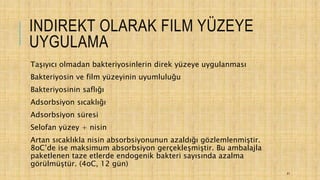 INDIREKT OLARAK FILM YÜZEYE
UYGULAMA
Taşıyıcı olmadan bakteriyosinlerin direk yüzeye uygulanması
Bakteriyosin ve film yüzeyinin uyumluluğu
Bakteriyosinin saflığı
Adsorbsiyon sıcaklığı
Adsorbsiyon süresi
Selofan yüzey + nisin
Artan sıcaklıkla nisin absorbsiyonunun azaldığı gözlemlenmiştir.
8oC’de ise maksimum absorbsiyon gerçekleşmiştir. Bu ambalajla
paketlenen taze etlerde endogenik bakteri sayısında azalma
görülmüştür. (4oC, 12 gün)
41
 