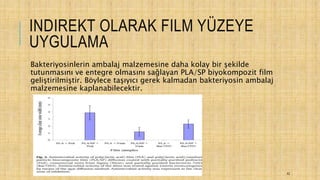 INDIREKT OLARAK FILM YÜZEYE
UYGULAMA
Bakteriyosinlerin ambalaj malzemesine daha kolay bir şekilde
tutunmasını ve entegre olmasını sağlayan PLA/SP biyokompozit film
geliştirilmiştir. Böylece taşıyıcı gerek kalmadan bakteriyosin ambalaj
malzemesine kaplanabilecektir.
42
 