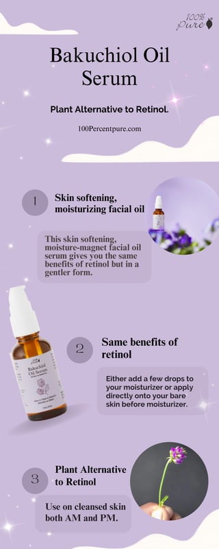 1
3
2
Skin softening,
moisturizing facial oil,
This skin softening,
moisture-magnet facial oil
serum gives you the same
benefits of retinol but in a
gentler form.
Bakuchiol Oil
Serum
Plant Alternative to Retinol.
Plant Alternative
to Retinol
Same benefits of
retinol
Use on cleansed skin
both AM and PM.
Either add a few drops to
your moisturizer or apply
directly onto your bare
skin before moisturizer.
100Percentpure.com
 