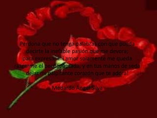 Perdona que no tenga palabras con que pueda
decirte la inefable pasión que me devora;
para expresar mi amor solamente me queda
rasgarme el pecho, amada, y en tus manos de seda
dejar mi palpitante corazón que te adora!
Medardo Ángel Silva
 