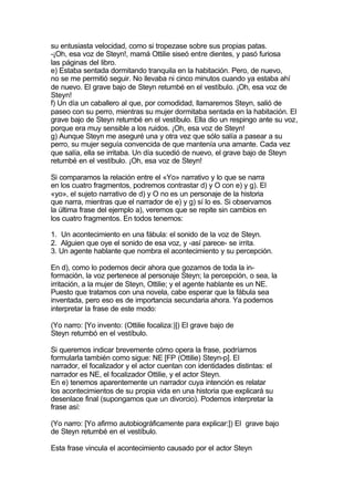 su entusiasta velocidad, como si tropezase sobre sus propias patas.
-¡Oh, esa voz de Steyn!, mamá Ottilie siseó entre dientes, y pasó furiosa
las páginas del libro.
e) Estaba sentada dormitando tranquila en la habitación. Pero, de nuevo,
no se me permitió seguir. No llevaba ni cinco minutos cuando ya estaba ahí
de nuevo. El grave bajo de Steyn retumbé en el vestíbulo. ¡Oh, esa voz de
Steyn!
f) Un día un caballero al que, por comodidad, llamaremos Steyn, salió de
paseo con su perro, mientras su mujer dormitaba sentada en la habitación. El
grave bajo de Steyn retumbé en el vestíbulo. Ella dio un respingo ante su voz,
porque era muy sensible a los ruidos. ¡Oh, esa voz de Steyn!
g) Aunque Steyn me aseguré una y otra vez que sólo salía a pasear a su
perro, su mujer seguía convencida de que mantenía una amante. Cada vez
que salía, ella se irritaba. Un día sucedió de nuevo, el grave bajo de Steyn
retumbé en el vestíbulo. ¡Oh, esa voz de Steyn!

Si comparamos la relación entre el «Yo» narrativo y lo que se narra
en los cuatro fragmentos, podremos contrastar d) y O con e) y g). El
«yo», el sujeto narrativo de d) y O no es un personaje de la historia
que narra, mientras que el narrador de e) y g) sí lo es. Si observamos
la última frase del ejemplo a), veremos que se repite sin cambios en
los cuatro fragmentos. En todos tenemos:

1. Un acontecimiento en una fábula: el sonido de la voz de Steyn.
2. Alguien que oye el sonido de esa voz, y -así parece- se irrita.
3. Un agente hablante que nombra el acontecimiento y su percepción.

En d), como lo podemos decir ahora que gozamos de toda la in-
formación, la voz pertenece al personaje Steyn; la percepción, o sea, la
irritación, a la mujer de Steyn, Ottilie; y el agente hablante es un NE.
Puesto que tratamos con una novela, cabe esperar que la fábula sea
inventada, pero eso es de importancia secundaria ahora. Ya podemos
interpretar la frase de este modo:

(Yo narro: [Yo invento: (Ottilie focaliza:)]) El grave bajo de
Steyn retumbó en el vestíbulo.

Si queremos indicar brevemente cómo opera la frase, podríamos
formularla también como sigue: NE [FP (Ottilie) Steyn-p]. El
narrador, el focalizador y el actor cuentan con identidades distintas: el
narrador es NE, el focalizador Ottilie, y el actor Steyn.
En e) tenemos aparentemente un narrador cuya intención es relatar
los acontecimientos de su propia vida en una historia que explicará su
desenlace final (supongamos que un divorcio). Podemos interpretar la
frase así:

(Yo narro: [Yo afirmo autobiográficamente para explicar:]) El grave bajo
de Steyn retumbé en el vestíbulo.

Esta frase vincula el acontecimiento causado por el actor Steyn
 