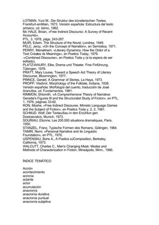 LOTMAN, Yuni M., Die Struktur des künstlerischen Textes,
Frankfurt-amMain, 1973. Versión española: Estructura del texto
artístico, cd. Istmo, 1982.
Mc HALE, Bnian, «Free Indirect Discoursc: A Survey of Recent
Accounts»,
PTL, 3, 1978, págs. 243-287.
MUIR, Edwin, The Structure of the Novel, Londres, 1949.
PELC, Jerzy, «On the Concept of Narration», en Semiotica, 1971.
PERRY, Menakhem, «Literary Dynamics: How the Ordcr of a
Text Creates its Meanings», en Poetics Today, 1979.
-«Combined Discourse», en Poetics Toda y (a la espera de ser
editado).
PLATZ-WAURY, Elke, Drama und Theater. Fine Finführung,
Tübingen, 1978.
PRATT, Mary Louise, Toward a Speech Act Theory of Literary
Discourse, Bloomington, 1977.
PRINCE, Gerald, A Grammar of Stories, La Haya, 1973.
PROPP, Vladimir, Morphology of the Folktale, Indiana, 1938.
Versión española: Morfología del cuento, traducción de José
Arancibia, cd. Fundamentos, 1981.
RIMMON, Shlomith, «A Comprenhensive Theory of Narrative:
Genette's Figures III and the Structuralist Study of Fiction», en PTL,
1, 1976, páginas 33-62.
RON, Moshe, «Free Indirect Discourse. Mimetic Language Games
and the Subject of Fiction», en Poetics Toda y, 2, 2, 1981.
SCHMJD, Wolf, Der Textau/bau in den Erzühlun gen
Dostoievski/s, Munich, 1973.
SOURIAU, Eticnne, Les 200.000 situations dramatiques, Paris,
1950.
STANZEL, Franz, Typische Formen des Romans, Gótingen, 1964.
TAMIR, Nomi, «Personal Narrative and its Linguistic
Foundation», en PTL, 1976.
USPENSKIJ, Boris A., A Poetics oJComposition, Berkeley,
California, 1973.
WALCUTT, Charles C., Man's Changing Mask: Modes and
Methods of Characterization in Fiction, Mineápolis, Minn., 1966.


ÍNDICE TEMÁTICO

Acción
acontecimiento
acronía
actante
actor
acumulación
anacronía
anacronía durativa
anacronía puntual
anacronía subjetiva
 