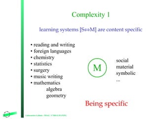Complexity 1
learning systems [S⇔M] are content specific
• reading and writing
• foreign languages
• chemistry
• statistics
• surgery
• music writing
• mathematics
algebra
geometry

M

social
material
symbolic
...

Being specific
Laboratoire Leibniz - IMAG / CNRS-UJF-INPG

4

 