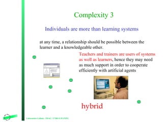 Complexity 3
Individuals are more than learning systems
at any time, a relationship should be possible between the
learner and a knowledgeable other.
Teachers and trainers are users of systems
as well as learners, hence they may need
as much support in order to cooperate
efficiently with artificial agents

hybrid
Laboratoire Leibniz - IMAG / CNRS-UJF-INPG

6

 