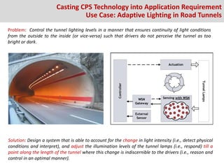 Casting CPS Technology into Application Requirement
Use Case: Adaptive Lighting in Road Tunnels
Problem: Control the tunnel lighting levels in a manner that ensures continuity of light conditions
from the outside to the inside (or vice-versa) such that drivers do not perceive the tunnel as too
bright or dark.
Solution: Design a system that is able to account for the change in light intensity (i.e., detect physical
conditions and interpret), and adjust the illumination levels of the tunnel lamps (i.e., respond) till a
point along the length of the tunnel where this change is indiscernible to the drivers (i.e., reason and
control in an optimal manner).
 