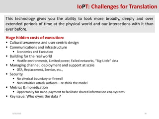 Huge hidden costs of execution:
 Cultural awareness and user centric design
 Communications and infrastructure
 Economics and Execution
 Building for the real world
 Hostile environments, Limited power, Failed networks, “Big-Little” data
 Managing channel, deployment and support at scale
 OTA, Replacement, Service, etc.,
 Security
 No physical boundary or firewall
 Non intuitive attack surfaces – re-think the model
 Metrics & monetization
 Opportunity for nano-payment to facilitate shared information eco-systems
 Key issue: Who owns the data ?
This technology gives you the ability to look more broadly, deeply and over
extended periods of time at the physical world and our interactions with it than
ever before.
8/26/2016 28
IoPT: Challenges for Translation
 