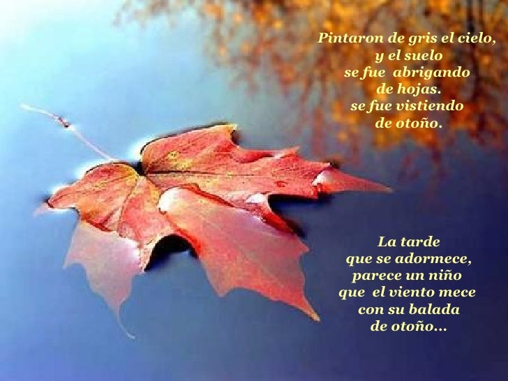 Pintaron de gris el cielo,  y el suelo se fue  abrigando  de hojas. se fue vistiendo  de otoño. La tarde que se adormece, ...