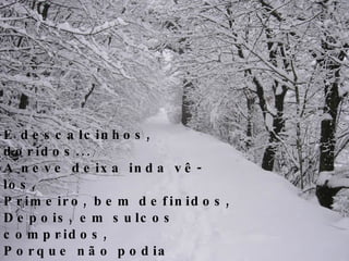 E descalcinhos, doridos... A neve deixa inda vê-los, Primeiro, bem definidos, Depois, em sulcos compridos, Porque não podia erguê-los!... 