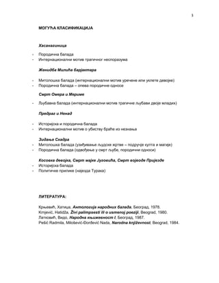 3 
МОГУЋА КЛАСИФИКАЦИЈА 
Хасанагиница 
- Породична балада 
- Интернационални мотив трагичног неспоразума 
Женидба Милића барјактара 
- Митолошка балада (интернационални мотив уречене или уклете девојке) 
- Породична балада – опева породичне односе 
Смрт Омера и Мериме 
- Љубавна балада (интернационални мотив трагичне љубави двоје младих) 
Предраг и Ненад 
- Историјска и породична балада 
- Интернационални мотив о убиству браће из незнања 
Зидање Скадра 
- Митолошка балада (узиђивање људске жртве – подручје култа и магије) 
- Породична балада (одвођење у смрт љубе, породични односи) 
Косовка девојка, Смрт мајке Југовића, Смрт војводе Пријезде 
- Историјска балада 
- Политичке прилике (најезда Турака) 
ЛИТЕРАТУРА: 
Крњевић, Хатиџа, Антологија народних балада, Београд, 1978. 
Krnjević, Hatidža, Živi palimpsesti ili o usmenoj poeziji, Beograd, 1980. 
Латковић, Видо, Народна књижевност I, Београд, 1987. 
Pešić Radmila, Milošević-Đorđević Nada, Narodna književnost, Beograd, 1984. 
