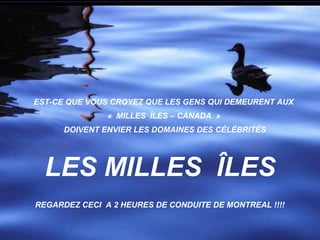 LES MILLES ÎLES
EST-CE QUE VOUS CROYEZ QUE LES GENS QUI DEMEURENT AUX
« MILLES ÎLES – CANADA »
DOIVENT ENVIER LES DOMAINES DES CÉLÉBRITÉS
REGARDEZ CECI A 2 HEURES DE CONDUITE DE MONTREAL !!!!
 