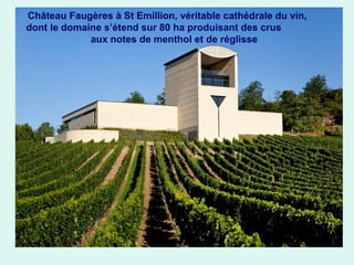Château Faugères à St Emillion, véritable cathédrale du vin,
dont le domaine s’étend sur 80 ha produisant des crus
aux notes de menthol et de réglisse

 