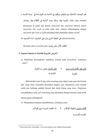 46
c. ‫الشبه‬ ‫وجه‬ : ‫أ‬ ,‫به‬ ‫اْلشبه‬ ‫في‬ ‫ن‬‫ويكو‬ ,‫طرفين‬ ‫بين‬ ‫اْلشترك‬ ‫الوصف‬ ‫هو‬‫في‬ ‫منه‬ ‫ى‬‫قو‬
‫الش‬ ‫وجه‬ ‫يذكر‬ ‫وقد‬ ‫اْلشبه‬‫يحذف‬ ‫وقد‬ ‫الكالم‬ ‫في‬ ‫به‬ (sifat yang menjadi
persamaan di antara dua pekara (musyabah dan musyabah bihnya), dalam
musyabah bih, wajh as-syibh lebih kuat sifatnya dibandingkan dengan
musyabah dan wajh as-syibh terkadang tidak disebutkan dalam tasybih.
d). ‫أدا‬‫التشبيه‬ ‫ة‬ : ‫التشبيه‬ ‫علي‬ ‫يدل‬ ‫الذي‬ ‫اللفظ‬ ‫هي‬ (alat persamaan).
Di antara adat at-tasybih yaitu: ‫وشبه‬,‫مثل‬ ,‫كأن‬ ,‫الكاف‬
3. Tujuan-Tujuan at Tasybih (‫التشبيه‬ ‫اض‬‫ر‬‫)أغ‬
a). Penjelasan kemungkinan terjadinya sesuatu pada musyabbah, contohnya
yaitu:41
‫ال‬‫ز‬‫الغ‬ ‫دم‬ ‫بعض‬‫اْلسك‬‫فإن‬ # ‫منهم‬‫وأنت‬ ‫األنام‬ ‫تفق‬ ‫فإن‬
Maksud dari syair di atas yaitu seseorang yang dipuji yang mana dia berasal
dari orang biasa, kemudian disamakan dengan syair lanjutannya yaitu minyak
misik pun berharga padahal berasal dari darah kijang yang kotor. Penjelasan
musyabbahnya yaitu ‫أنت‬ (seseorang yang disamakan dengan minyak wangi misik
karena pujian terhadapnya).
b). Menjelaskan keadaan musyabbahnya, contohnya yaitu:
‫كواكب‬ ‫منهن‬ ‫يبد‬ ‫لم‬ ‫طلعت‬ ‫إذا‬ # ‫كواكب‬ ‫واْللوك‬ ‫شمس‬ ‫كأنك‬
‫به‬‫اْلشبه‬ ‫اْلشبه‬
41
Ilzam Sayyid ibn Aminuddin, Al Jawahirulloghowiyah, (Brebes:Darunnajah)
‫ب‬‫اْلشبه‬‫ه‬ ‫اْلشبه‬
 
