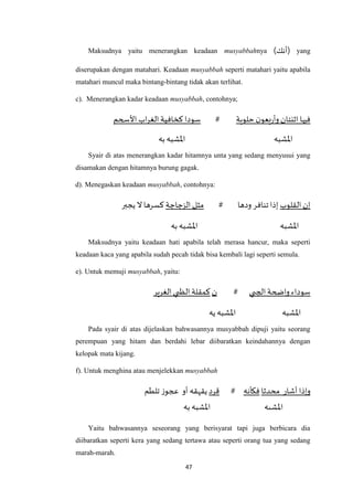 47
Maksudnya yaitu menerangkan keadaan musyabbahnya (‫)أنك‬ yang
diserupakan dengan matahari. Keadaan musyabbah seperti matahari yaitu apabila
matahari muncul maka bintang-bintang tidak akan terlihat.
c). Menerangkan kadar keadaan musyabbah, contohnya;
‫األسحم‬ ‫اب‬‫ر‬‫الغ‬‫كخافية‬ ‫سودا‬ # ‫حلوبة‬ ‫ن‬‫بعو‬‫ر‬‫وأ‬ ‫اثنتان‬ ‫فيها‬
‫به‬‫اْلشبه‬ ‫اْلشبه‬
Syair di atas menerangkan kadar hitamnya unta yang sedang menyusui yang
disamakan dengan hitamnya burung gagak.
d). Menegaskan keadaan musyabbah, contohnya:
‫يجبر‬ ‫ال‬ ‫كسرها‬ ‫الزجاجة‬ ‫مثل‬ # ‫ودها‬ ‫تنافر‬ ‫إذا‬ ‫القلوب‬ ‫إن‬
‫به‬ ‫اْلشبه‬ ‫اْلشبه‬
Maksudnya yaitu keadaan hati apabila telah merasa hancur, maka seperti
keadaan kaca yang apabila sudah pecah tidak bisa kembali lagi seperti semula.
e). Untuk memuji musyabbah, yaitu:
‫الغرير‬ ‫الظبي‬ ‫كمقلة‬ ‫ن‬ # ‫الجبي‬‫واضحة‬ ‫سوداء‬
‫يه‬‫اْلشبه‬ ‫اْلشبه‬
Pada syair di atas dijelaskan bahwasannya musyabbah dipuji yaitu seorang
perempuan yang hitam dan berdahi lebar diibaratkan keindahannya dengan
kelopak mata kijang.
f). Untuk menghina atau menjelekkan musyabbah
‫تلطم‬ ‫عجوز‬ ‫أو‬ ‫يقهقه‬ ‫قرد‬ # ‫فكأنه‬ ‫محدثا‬ ‫أشار‬ ‫وإذا‬
Yaitu bahwasannya seseorang yang berisyarat tapi juga berbicara dia
diibaratkan seperti kera yang sedang tertawa atau seperti orang tua yang sedang
marah-marah.
‫اْلشبه‬‫ب‬‫اْلشبه‬‫ه‬
 