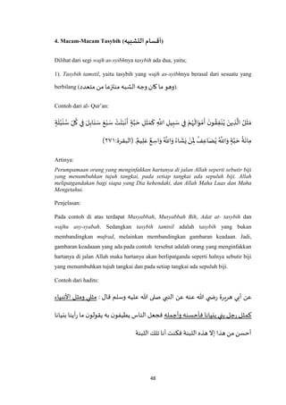 48
4. Macam-Macam Tasybih (‫التشبيه‬ ‫أقسام‬)
Dilihat dari segi wajh as-syibhnya tasybih ada dua, yaitu;
1). Tasybih tamstil, yaitu tasybih yang wajh as-syibhnya berasal dari sesuatu yang
berbilang (‫متعدد‬ ‫من‬ ‫منتزعا‬ ‫الشبه‬ ‫وجه‬ ‫كان‬ ‫ما‬ ‫وهو‬).
Contoh dari al- Qur’an:
َ
‫ل‬ُ‫ب‬
ْ
‫ن‬ ُ‫س‬ ِ‫ل‬
ُ
‫ك‬ ‫ي‬ِ‫ف‬ َ‫ل‬ِ‫اب‬َ‫ن‬ َ‫س‬ َ‫ع‬ْ‫ب‬ َ‫س‬ ْ‫ت‬
َ
‫ت‬َ‫ب‬
ْ
‫ن‬
َ
‫أ‬ ٍ‫ة‬‫ه‬‫ب‬ َ‫ح‬ ِ‫ل‬
َ
‫ث‬ َ‫م‬
َ
‫ك‬ ِ
‫ه‬
‫اَّلل‬ ِ‫يل‬ِ‫ب‬ َ‫س‬ ‫ي‬ِ‫ف‬ ْ‫م‬ُ‫ه‬
َ
‫ال‬َ‫و‬ ْ‫م‬
َ
‫أ‬
َ‫ن‬‫و‬ ُ‫ق‬ِ‫ف‬ْ‫ن‬ُ‫ي‬ َ‫ين‬ ِ‫ذ‬
‫ه‬
‫ال‬ ُ‫ل‬
َ
‫ث‬ َ‫م‬ٍ‫ة‬
ُ
‫ف‬ِ‫اع‬َ‫ض‬ُ‫ي‬ ُ ‫ه‬
‫اَّلل‬َ‫و‬ ٍ‫ة‬‫ه‬‫ب‬ َ‫ح‬
ُ
‫ة‬
َ
‫ائ‬ِ‫م‬ٌ‫يم‬ِ‫ل‬َ‫ع‬ ٌ‫ع‬ ِ‫اس‬َ‫و‬ ُ ‫ه‬
‫اَّلل‬َ‫و‬ ُ‫اء‬
َ
‫ش‬َ‫ي‬ ْ‫ن‬
َ
ِ‫ْل‬:‫(البقرة‬ .۲٧٤)
Artinya:
Perumpamaan orang yang menginfakkan hartanya di jalan Allah seperti sebutir biji
yang menumbuhkan tujuh tangkai, pada setiap tangkai ada sepuluh biji. Allah
melipatgandakan bagi siapa yang Dia kehendaki, dan Allah Maha Luas dan Maha
Mengetahui.
Penjelasan:
Pada contoh di atas terdapat Musyabbah, Musyabbah Bih, Adat at- tasybih dan
wajhu asy-syabah. Sedangkan tasybih tamtsil adalah tasybih yang bukan
membandingkan mufrad, melainkan membandingkan gambaran keadaan. Jadi,
gambaran keadaaan yang ada pada contoh tersebut adalah orang yang menginfakkan
hartanya di jalan Allah maka hartanya akan berlipatganda seperti halnya sebutir biji
yang menumbuhkan tujuh tangkai dan pada setiap tangkai ada sepuluh biji.
Contoh dari hadits:
: ‫قال‬ ‫وسلم‬ ‫عليه‬ ‫هللا‬ ‫صلى‬ ‫النبي‬ ‫عن‬ ‫عنه‬ ‫هللا‬ ‫ي‬ ‫ض‬‫ر‬ ‫هريرة‬ ‫أبي‬ ‫عن‬‫ومثل‬ ‫مثلي‬‫األنبياء‬
‫وأجمله‬ ‫فأحسنه‬ ‫بنيانا‬ ‫بني‬ ‫جل‬‫ر‬ ‫كمثل‬‫بنيانا‬ ‫أينا‬‫ر‬ ‫ما‬ ‫ن‬‫يقولو‬ ‫به‬ ‫ن‬‫يطيفو‬ ‫الناس‬ ‫فجعل‬
‫اللبنة‬ ‫تلك‬‫أنا‬‫فكنت‬ ‫اللبنة‬‫هذه‬‫إال‬ ‫هذا‬ ‫من‬ ‫أحسن‬
 