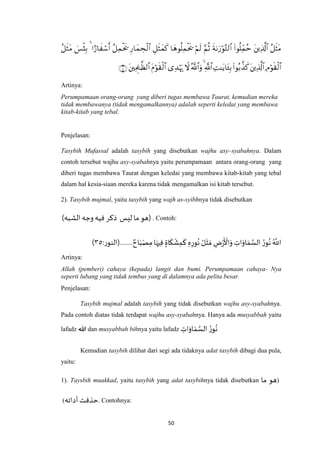 50


Artinya:
Perumpamaan orang-orang yang diberi tugas membawa Taurat, kemudian mereka
tidak membawanya (tidak mengamalkannya) adalah seperti keledai yang membawa
kitab-kitab yang tebal.
Penjelasan:
Tasybih Mufassal adalah tasybih yang disebutkan wajhu asy–syabahnya. Dalam
contoh tersebut wajhu asy-syabahnya yaitu perumpamaan antara orang-orang yang
diberi tugas membawa Taurat dengan keledai yang membawa kitab-kitab yang tebal
dalam hal kesia-siaan mereka karena tidak mengamalkan isi kitab tersebut.
2). Tasybih mujmal, yaitu tasybih yang wajh as-syibhnya tidak disebutkan
(‫الشبه‬ ‫وجه‬ ‫فيه‬‫ذكر‬ ‫ليس‬ ‫ما‬ ‫هو‬) . Contoh:
ٌ‫اح‬َ‫ب‬ْ‫ص‬ِ‫م‬ ‫ا‬َ‫يه‬ِ‫ف‬ ٍ‫اة‬
َ
‫ك‬
ْ
‫ش‬ِ‫م‬
َ
‫ك‬ ِ‫ه‬ِ‫ور‬ُ
‫ن‬ ُ‫ل‬
َ
‫ث‬ َ‫م‬ ِ‫ض‬ْ‫ر‬
َ ْ
‫األ‬َ‫و‬ ِ‫ات‬َ‫او‬ َ‫م‬ ‫ه‬‫الس‬ ُ‫ور‬ُ
‫ن‬ ُ ‫ه‬
‫اَّلل‬:‫........(النور‬٠٦)
Artinya:
Allah (pemberi) cahaya (kepada) langit dan bumi. Perumpamaan cahaya- Nya
seperti lubang yang tidak tembus yang di dalamnya ada pelita besar.
Penjelasan:
Tasybih mujmal adalah tasybih yang tidak disebutkan wajhu asy-syabahnya.
Pada contoh diatas tidak terdapat wajhu asy-syabahnya. Hanya ada musyabbah yaitu
lafadz ‫هللا‬ dan musyabbah bihnya yaitu lafadz ِ‫ات‬َ‫او‬ َ‫م‬ ‫ه‬‫الس‬ ُ‫ور‬ُ
‫ن‬
Kemudian tasybih dilihat dari segi ada tidaknya adat tasybih dibagi dua pula,
yaitu:
1). Taysbih muakkad, yaitu tasybih yang adat tasybihnya tidak disebutkan (‫ما‬ ‫هو‬
‫أداته‬ ‫حذفت‬) . Contohnya:
 